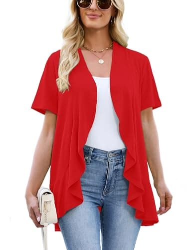 Heymoments Lightweight Cardigan for Women Red Small Draped Open-Front Short Sleeve Casual Soft Drape Summer Kimonos Ladies Ruffle Shrug - Image 1
