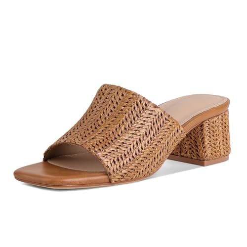 MeiLuSi Womens Raffia Slide Sandals Chunky Block Heels Square Open Toe Summer Sandals Vacation Dressy Shoes Beach Slides Slip On Raffia Brown Size 6