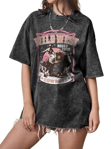 Western Shirts for Women Oversized Graphic Tees Vintage Cowboy Rodeo T Shirts Acid Wash Cattle Skull Casual Short Sleeve Tops - Image 1