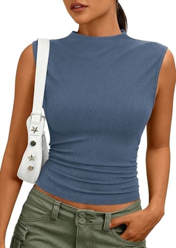 PRETTYGARDEN Sleeveless Tops for Women Ribbed Mock Neck Tank Top Slim Fitted Ruched Basic Layering Shirts 2026 Summer Clothes (Dusty Blue,X-Large) - Image 1
