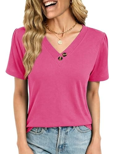 VUTRU Blouse for Women Tops Summer V Neck Puff Short Sleeve Henley Tshirts Tunic Boho Holiday Dressy Casual Plus Size, Rose Red XXL - Image 1
