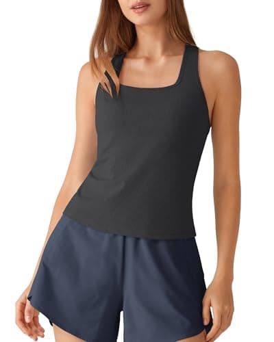 G4Free Workout Tank Tops for Women Built in Bra Ribbed Racerback Fitted Yoga Pilates Tanks Lightweight Athletic Tops (Black,S) - Image 1