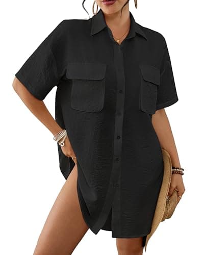 Bsubseach Womens Swimsuit Coverup Blouse Short Sleeve Button Down Shirt Dress Bathing Suit Cover Ups Beach Vacation Outfits Black XXL - Image 1
