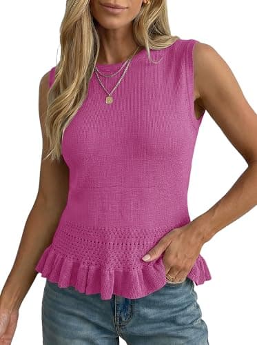 LaGracia Crop Tops for Women Sleeveless Crochet Tank Tops Peplum Lightweight Cropped Sweaters Vest Summer Beach Vacation Outfits Hot Pink L - Image 1
