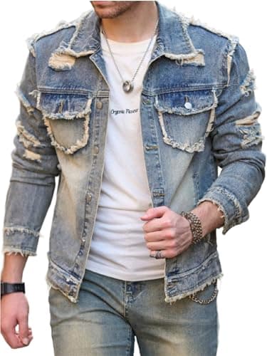 Huang's Men's Denim Jacket with Distressed Ripped Details Classic Fit Non - Stretch Fabric Cool Stylish Caual Coat (US, Alpha, XX-Large, Regular, Regular, Y043)