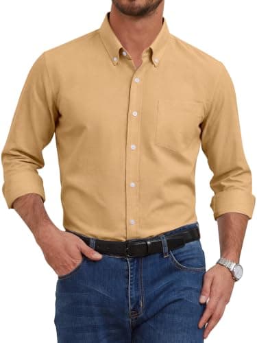 GIANZEN Brown Yellow Button Up Shirt Men Mens Dress Shirts for Oxford Long Sleeve Men's Down Clothes Big and Tall Brown Yellow Size XS - Image 1