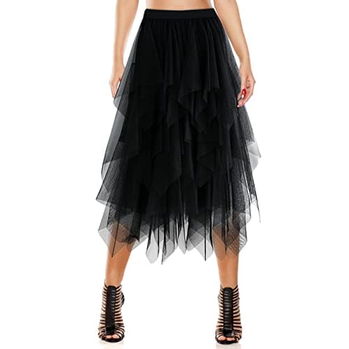 Women's Tulle Skirt A-Line High Low Asymmetrical 3 Layered Midi Length Elastic Waist Tutu Skirts (Black) - Image 1