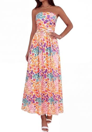 BTFBM Summer Maxi Dresses for Women 2026 Strapless Tube Top Floral Spring Wedding Guest Dress Beach Vacation Outfits(Floral White, Small) - Image 1