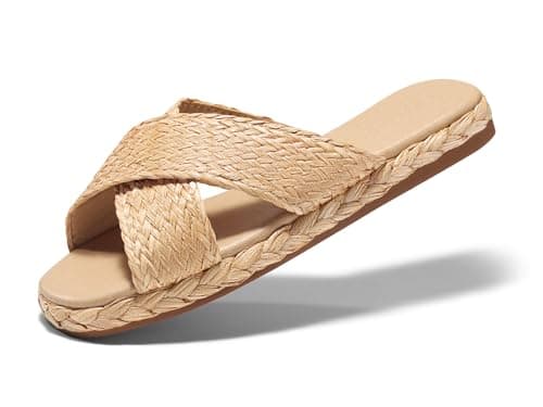Coutgo Womens Flat Sandals Espadrilles Raffia Open Toe Slides Cross Strap Slip On Summer Dressy Beach Shoes,Size Fits Large - Image 1