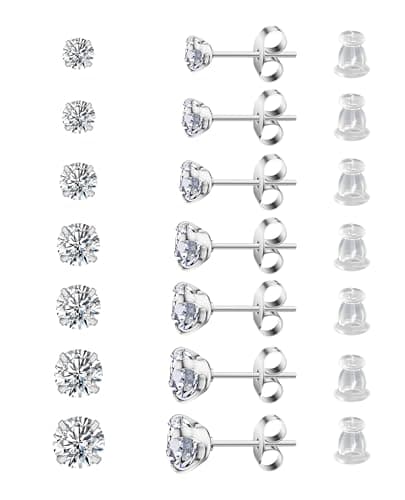 Arminor 7 Pairs 20G Stud Earrings for Women Men Hypoallergenic 316L Surgical Stainless Steel Earrings for Multiple Piercing | AAAAA+ Cubic Zirconia Earring Stacks with Butterfly & Silicone Backs - Image 1