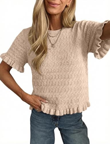 WEQULE Womens Casual Short Sleeve Crewneck Knit Tops Lightweight Peplum Ruffle Pullover Cropped Sweaters(Khaki-L) - Image 1