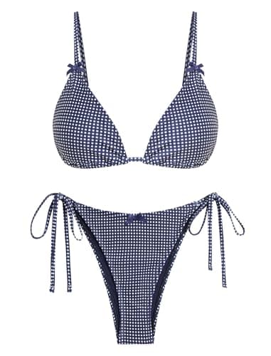 ZAFUL Navy Gingham Bikini Sets for Women Triangle Plaid Swimsuits 2 Piece String High Cut Cheeky Checkered Bathing Suits Vacation Resort Wear 2026 M - Image 1