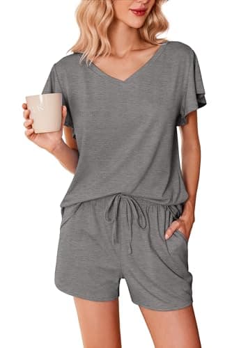 Ekouaer Sleepwear for Women Cute Ruffle Short Sleeve Pajamas V Neck Comfy 2 Piece Pjs Lounge Sets Dark Gray Small - Image 1