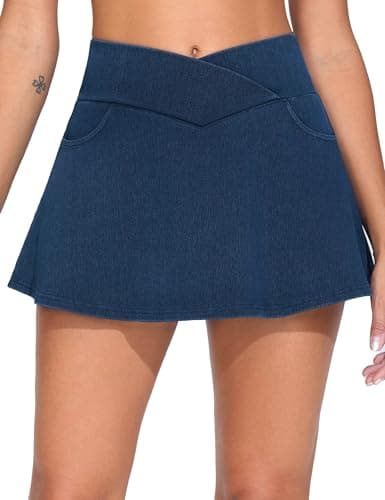 THE GYM PEOPLE Women's Cross Waist Jean Skorts Stretchy Ruffle Denim Skirts with 2 in 1 Shorts Pockets Dark Blue - Image 1
