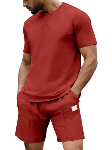 JEMLDL Lounge Sets for Men 2 Piece Summer Casual Outfits Short Sleeve Shirt & Shorts Matching Set Sweat Suit Vacation Clothing Red M - Image 1