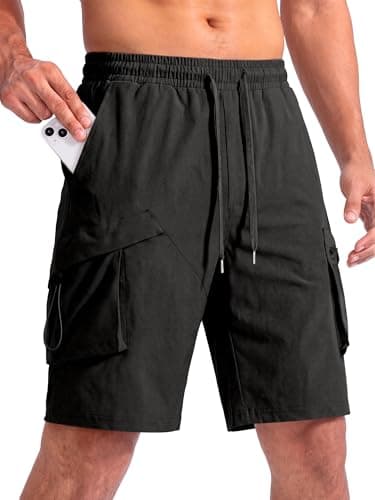 Crastimo Mens Hiking Cargo Shorts Quick-Dry 11''Water Resistant Drawstring Wlastic Waist 4 Multi-Pockets Pants Fishing Travel Casual Black 3XL