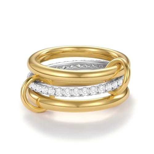 KALOAURA Gold Silver Stackable Rings for Women Non Tarnish, 14k Gold Plated Interlocking Stack Ring Set Chunky Cubic Zirconia CZ Multi-Link Mixed Connected Band Thumb Rings Jewelry for Gift - Image 1