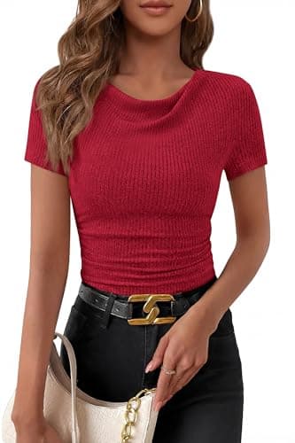 PRETTYGARDEN Womens Summer Tops 2026 Cute Cowl Neck Short Sleeve T-Shirts Ribbed Knit Fitted Spring Ruched Crop Top(Red,Large) - Image 1