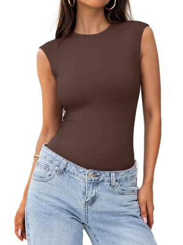 PINKMSTYLE Womens Summer Sleeveless Bodysuit Double Lined Crew Neck Stretchy Basic T Shirt Bodysuit Tank Tops Dark Brown Small - Image 1