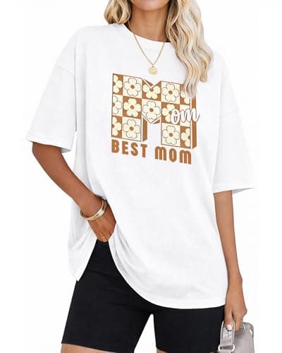 Mom Graphic T Shirt for Women, Best Mom Floral Checkered Letter Print, Cotton Relaxed Fit Casual Tee - Image 1