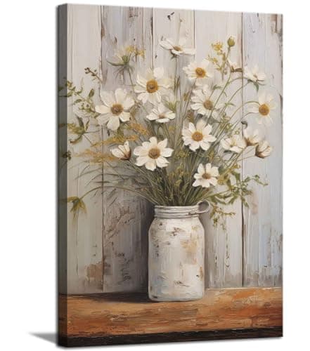 Rustic Farmhouse Daisy Canvas Wall Art Vintage Country Floral Wall Decor Picture Modern Flower Poster Print for Living Room Bedroom Bathroom Decoration 12x16in - Image 1
