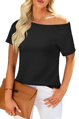 Newshows Off the Shoulder Tops for Women Wrinkle-Free Button Short Sleeve Casual Summer T Shirts(Black,XXL) - Image 1