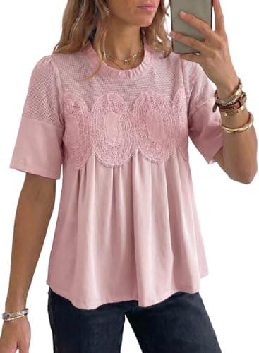 Dokotoo Womens Summer Blouse 2026 Boho Short Sleeve Crewneck Blouses for Women Dressy Casual Elegant Loose Cute Babydoll Shirts Fashion Lace Mesh Shirts Outfits Trendy Clothes Pink Large - Image 1