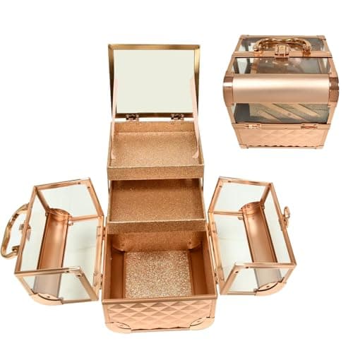 VETALLO Makeup Train Case Travel - Portable Cosmetic Storage Organizer Box Adjustable With 2 Trays, With Lock And Compartments,8.4 Inch Gold - Image 1