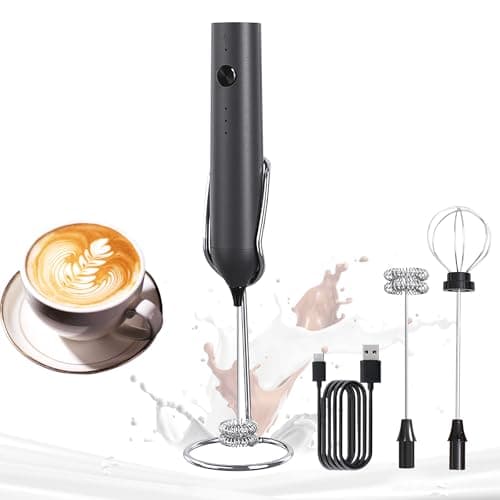YARRAMATE Electric Milk Frother Wand with Stainless Steel Whisk and Stand, Fast Rechargeable Coffee Mixer with 3 Speeds, Handheld Drink Stirrer, Whisk Foam Maker for Lattes, Cappuccino, Matcha (Black) - Image 1