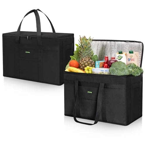 JUNGYOON 2 Pack Heavy-Duty Insulated Grocery Bags & Insulated Bag – Collapsible Cooler Bag with Zippered Top (Black, (20''x10''x13''))