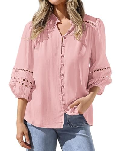 BTFBM Summer Tops for Women 2026 Eyelet Top 3/4 Length Sleeve Dressy Casual Blouses Spring Boho Button Down Shirts(Pink, Medium) - Image 1