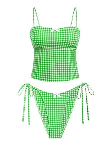 seamoly Womens Sexy Tankinis Two Piece Bikini Sets Tie Side Bottom Bathing Suit Open Back Swimsuits Sage Green Gingham L - Image 1