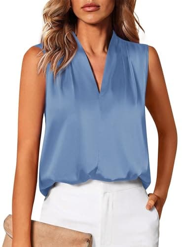BTFBM Summer Tank Tops 2026 Satin Business Casual Outfits for Women Pleated Sleeveless Shirts Silk Spring Work Blouses(Blue, Large) - Image 1