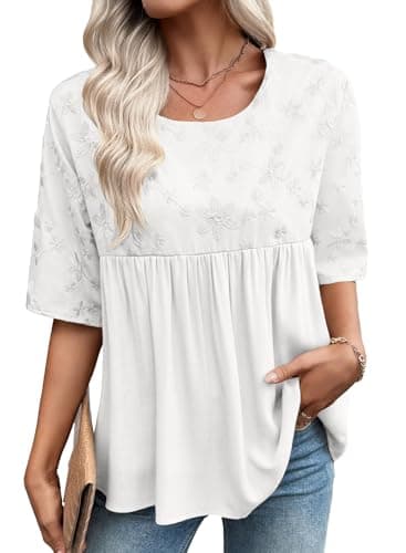 EVALESS Plus Size Summer Tops for Women Trendy Crewneck Half Sleeve Shirts Blouses Cute Floral Embroidered Boho Babydoll Tops Loose Fit Tshirts Flowy Chiffon Blouse White XX-Large - Image 1