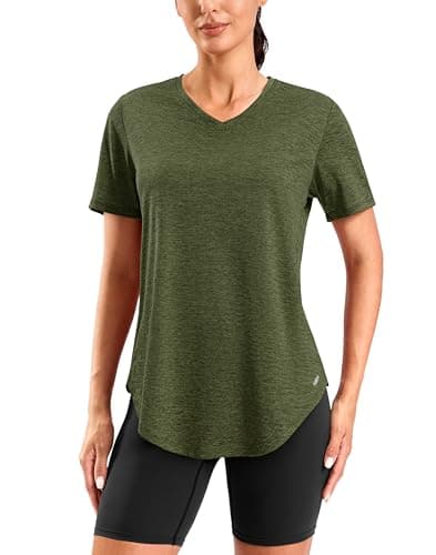 Viodia Womens Workout Tops Full Back Coverage Athletic Shirt UPF 50+ Quick Dry Short Sleeve T Shirts V Neck Gym Yoga Tunic Heather Seaweed Green 2XL - Image 1