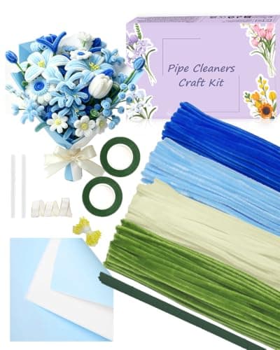 400 Pcs Pipe Cleaner Flower Kit, Blue Pipe Cleaners Bulk, 4 Color Fuzzy Sticks Set for Flowers Making, Thick Chenille Stems for Arts DIY Craft as Gift (Blue) - Image 1