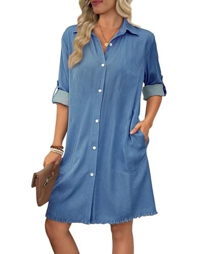 Bsubseach Women Denim Shirt Dress Long Sleeve Button Down Casual Shirt Dresses with Pockets Deep Blue S - Image 1