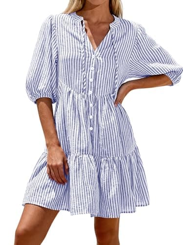 BTFBM Womens Summer Dresses 2026 Striped Mini Dress Half Sleeve Button Down Casual Flowy Beach Vacation Outfits Pockets(Blue, Medium) - Image 1