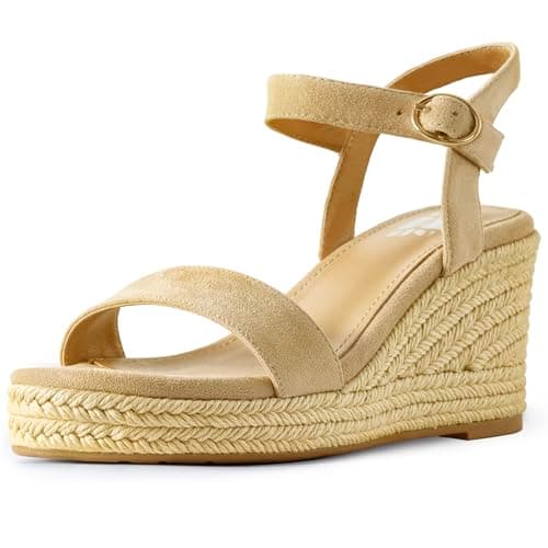 DREAMCIA Espadrilles Wedge Platform Sandals for Women Strappy Ankle Strap Buckle Open Toe Sandals Dressy Shoes Summer Nude 7.5 - Image 1