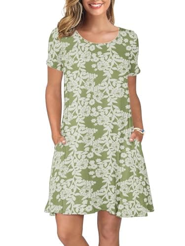 KORSIS Summer Dress for Women Casual T-Shirt Dresses Swing Flowy Beach Vacation Floral Print Sundress with Pockets Green Rose M - Image 1