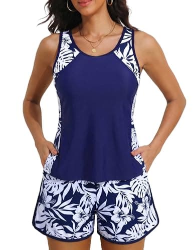 Hilor Bathing Suit for Women Modest Swimwear Tummy Control Tankini Swimsuit with Sporty Swim Shorts Navy Tropical 2XL/US14-16 - Image 1