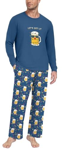 PrinStory Men's Pajamas Sets Loungewear Sleepwear Long Sleeve Shirts & Bottoms Soft Comfy Lounge Sets Printed Blue Beer Mug S - Image 1