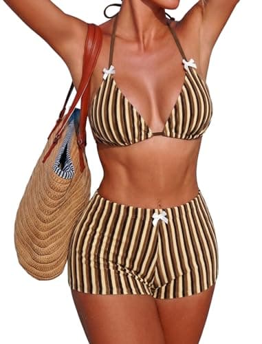 ZAFUL Brown Textured Striped Bikini Shorts Sets Halter Triangle Bikini Two Piece Bathing Suit Shorts Sexy Boyshort Swimsuits for Vacation M - Image 1