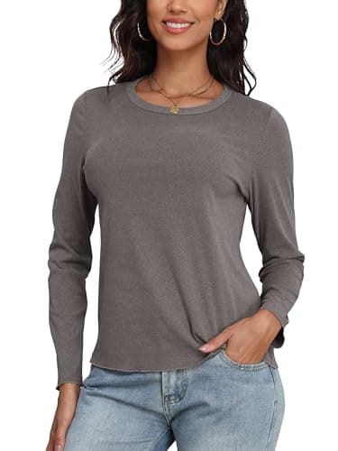 COCOMARTS Womens Long Sleeve Crewneck Knit Basic Tops Loose Casual Shirt 2025 Fall Winter Outdoor Thermal Undershirts Light Gray Small - Image 1