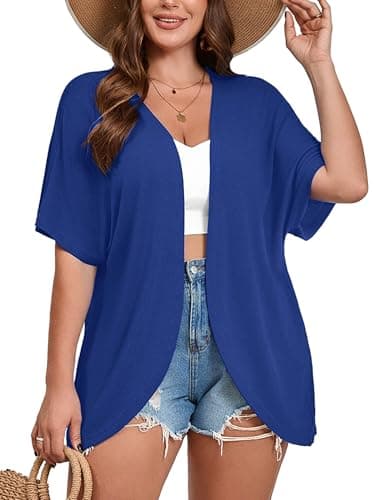 AusLook Women's Plus Size Short Sleeve Lightweight Open Front Cardigan Royal Blue 5X Cover Ups Shrugs Shawls and Wraps Kimono Jacket - Image 1