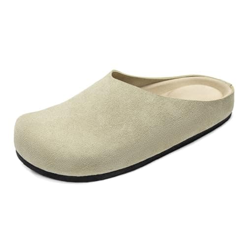 Athlefit Suede Clogs for Women Soft Cork Footbed Mules Comfortable Slip On Shoes with Arch Support Taupe - Image 1
