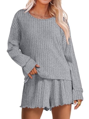 ANRABESS Women's 2 Piece Lounge Pajama Sets Casual Ribbed Long Sleeve Top Matching Shorts Sleepwear PJ Set 2026 Fall Outfits Large Grey - Image 1