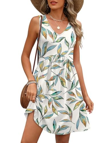 ANRABESS Dresses for Women Beach Vacation Clothes V Neck Sleeveless Loose Flowy A-Line Dress Summer Casual Short Sundress White Colorful Leaf S - Image 1