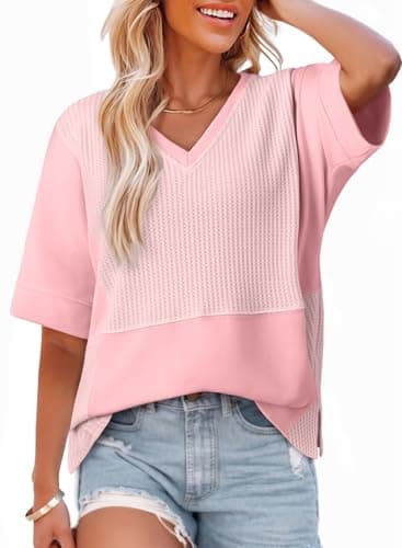 Dokotoo Pink Oversized Tshirts for Women Casual Summer Tops Clothing V Neck Short Sleeves Fluffy Touch Waffle Shirts Women Loose Fit Clothing 2026 Spring Tops Trendy T-Shirt Size Small - Image 1