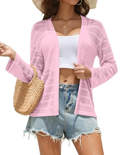 MISFAY Women's Crochet Cardigan Open Front Lightweight Cover Up Pink - Image 1